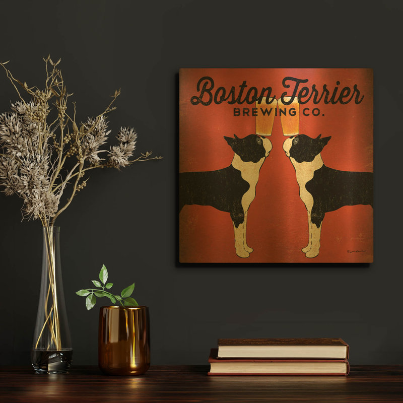 « Boston Terrier Brewing Co Square » de Ryan Fowler, décor mural en métal doré, 30,5 cm x 30,5 cm, 12 po x 12 po