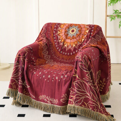 Plaid réversible bohème en mousseline de coton à pompons, jeté de canapé et de lit décoratif en mousseline de coton à motif floral mandala bordeaux