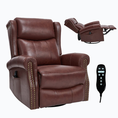 Fauteuil inclinable manuel chauffant à chaleur avec chaise berçante et pivotante en cuir véritable pour le salon, rouge
