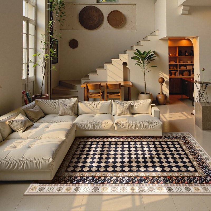Bohemian Checkered Washable Area Rug – Soft Non-Slip Floor Mat for Living Room, Bedroom, and Home Décor, Rectangle 5' x 7'