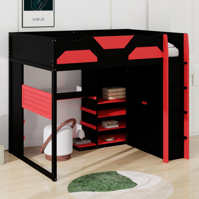 Lit mezzanine en bois avec bureau, tablettes de rangement multiples et port USB