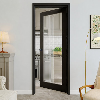 Porte intérieure prémontée 30 po x 80 po, cadre noir, vitrage clair, charnières noires, vitrage opaque, âme pleine insonorisée et étanche, idéale pour buanderie, placard, chambre, ouverture à droite.