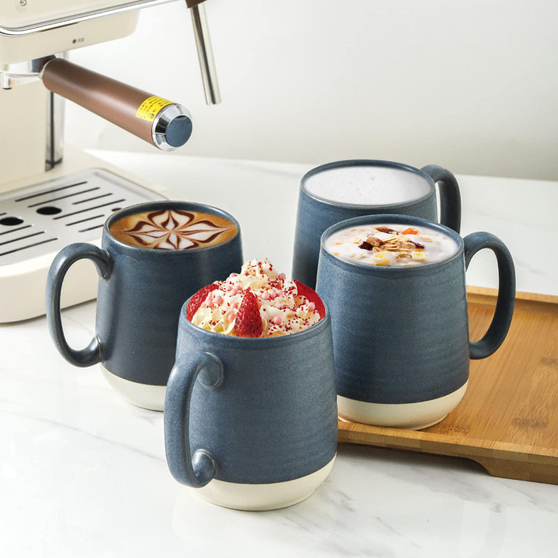 Dark Blue Ceramic Large Coffee Mugs Set with White Bottom