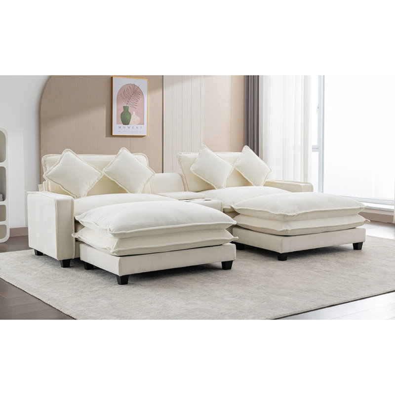  Canapé modulaire en chenille avec deux repose-pieds amovibles, deux ports USB, deux porte-gobelets et une grande boîte de rangement pour le salon 