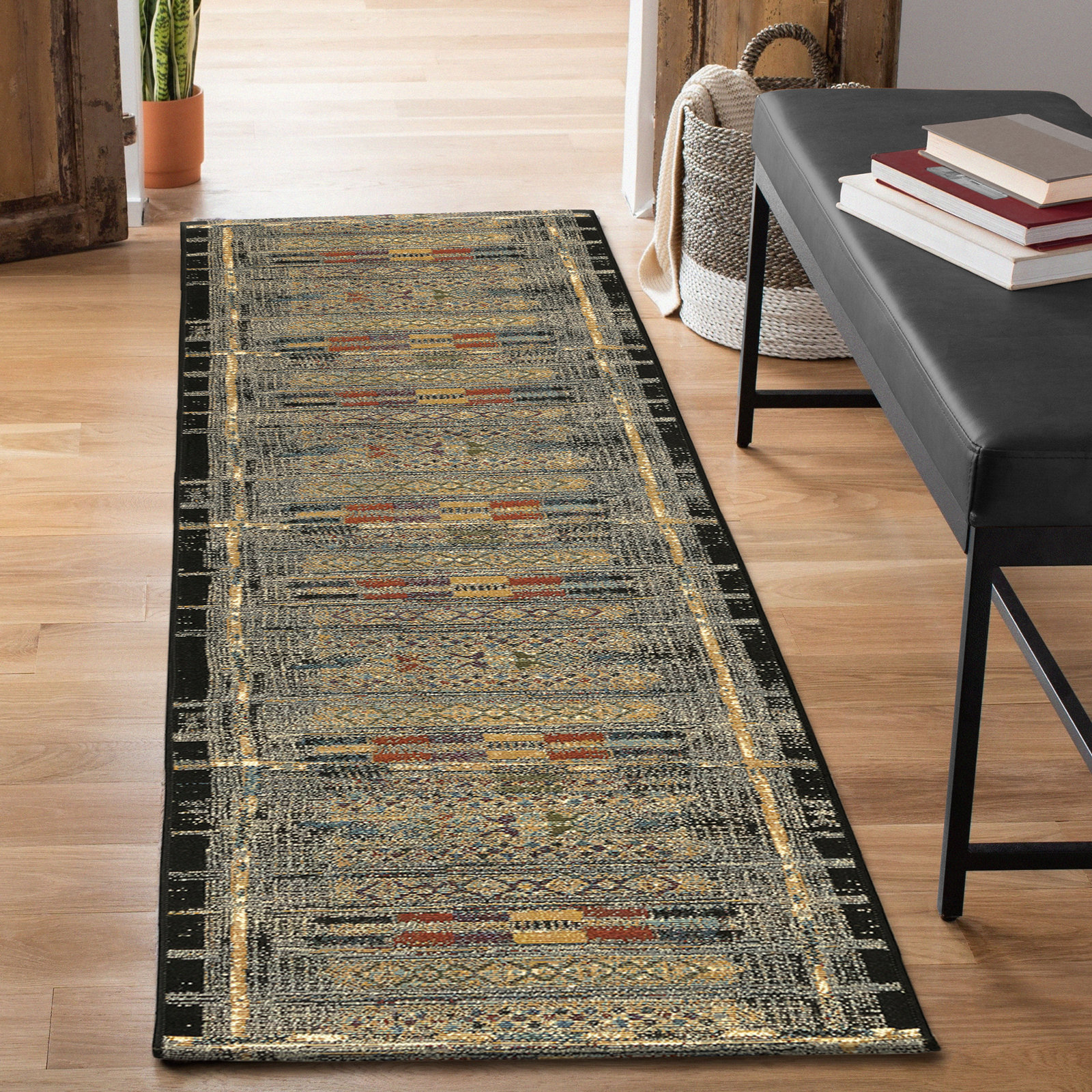 Sesena Black/Gold/Orange/Green/Blue/Ivory/Grey Indoor/Outdoor Rug, Runner 1'11" x 7'6"