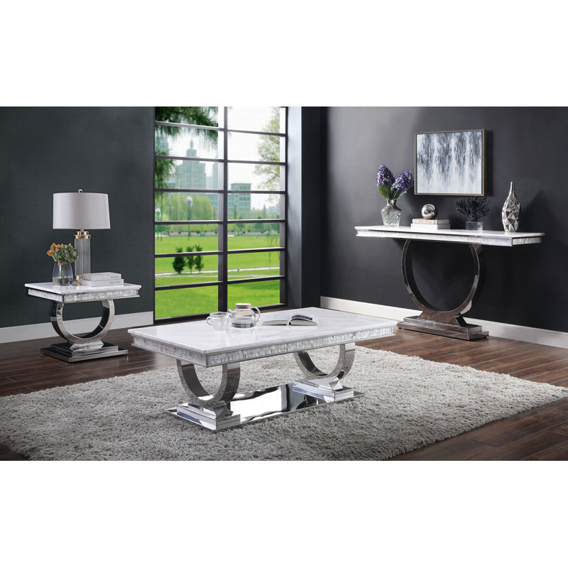 Round White Faux Marble and Silver Metal End Table