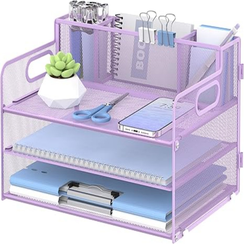 Organisateur de bureau à 3 niveaux avec poignée et 3 porte-stylos, Mauve