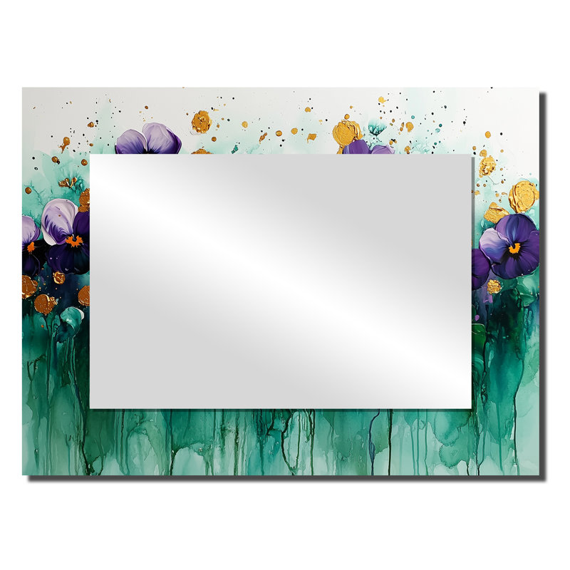 Lavande, pensées sur encre émeraude I - Art mural miroir floral - imprimé sur métal, 24 po x 32 po