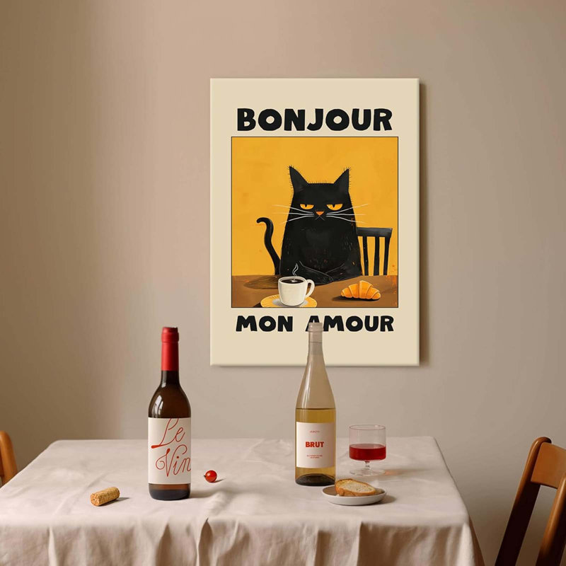 Framed Fun Cat Canvas Wall Art Vintage French Cat Abstract Drinking Coffee Picture Cute Retro Cat Wall Decor Canvas Poster Print 16X24in