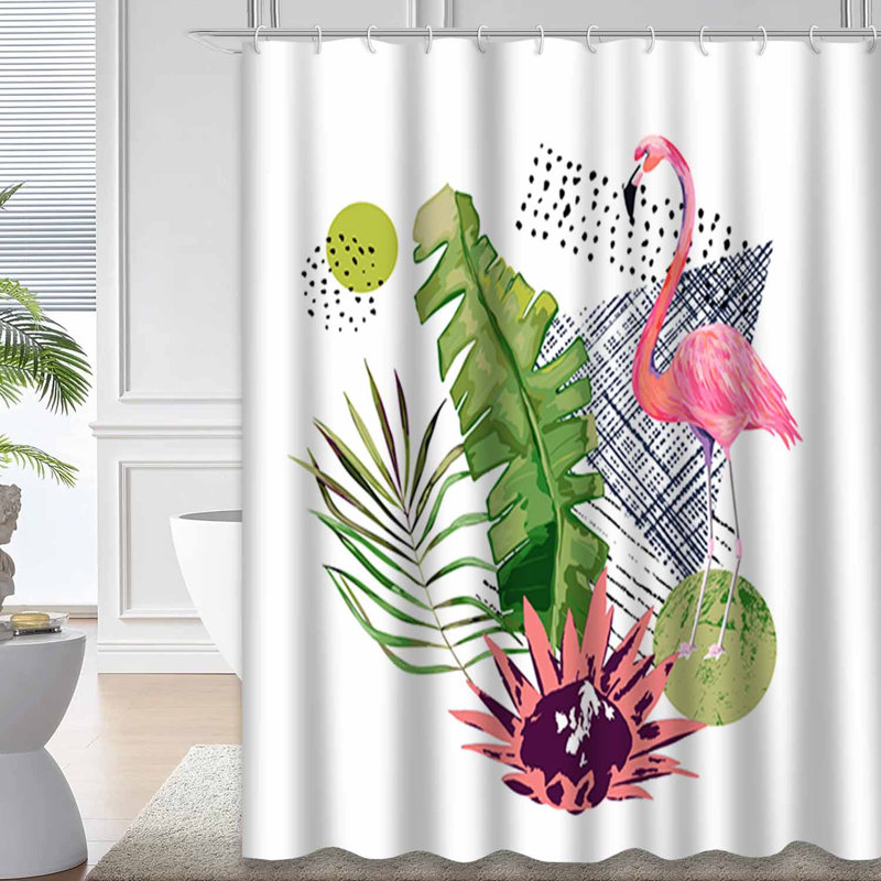 Rideau de douche imperméable à motif floral avec flamants tropicaux et 12 crochets, L 72 po x l 78 po