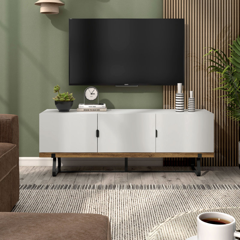 Maronay 60"W 3-Cabinet TV Stand with Cable Management, White/Oak Wood