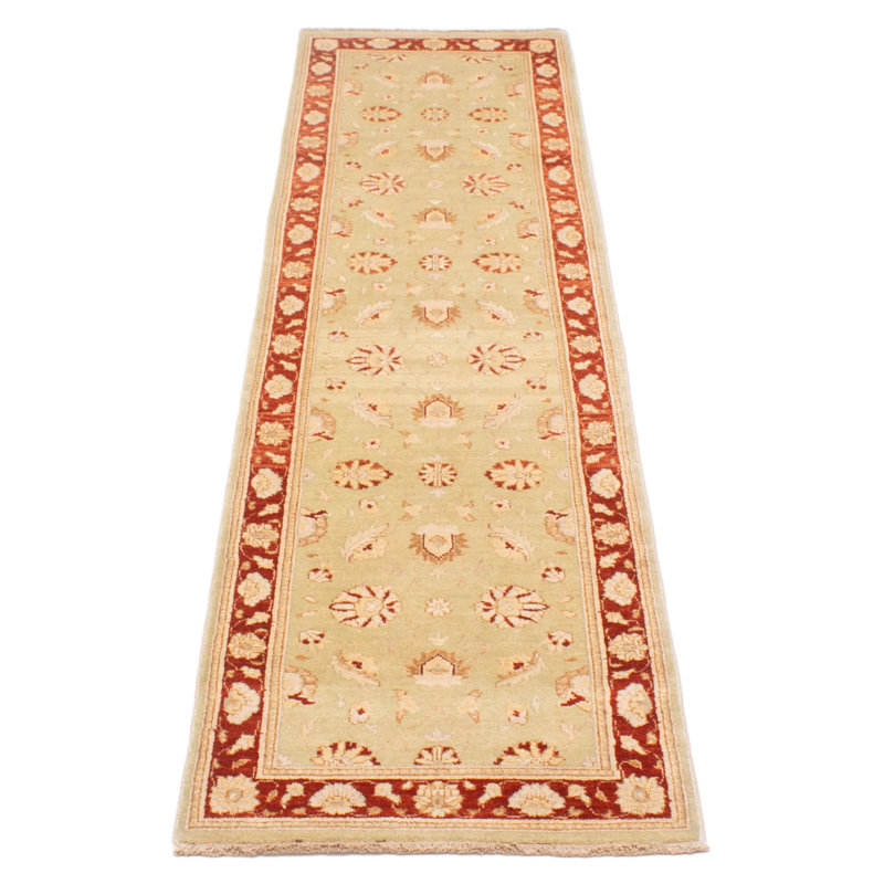 Tapis de couloir vert clair en laine nouée à la main de conception unique 2 pi 8 po x 10 pi 1 po Mindarie
