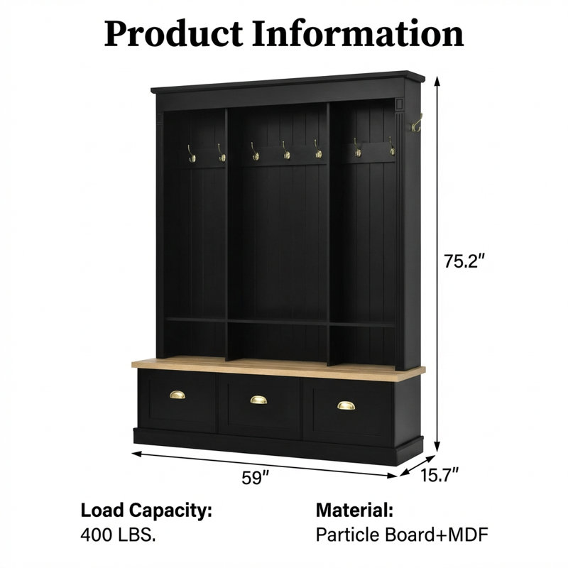 App-Controlled LED Illuminated Entryway Hall Tree with Storage Bench, Cabinets, and Shelves for Organized Home Entry, Black
