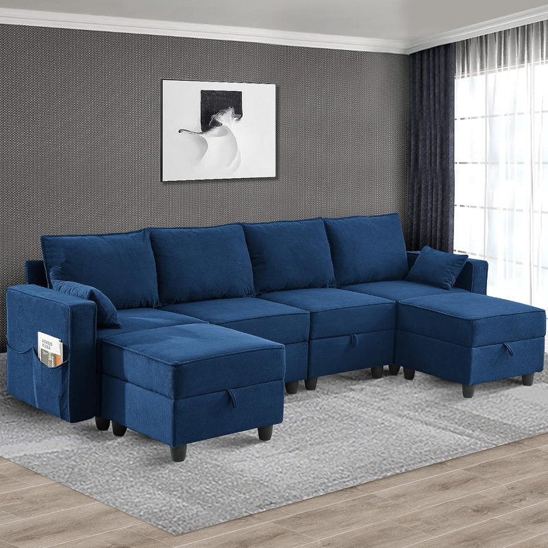 Canapé modulaire rembourré 6 pièces Kenda, Velours côtelé bleu