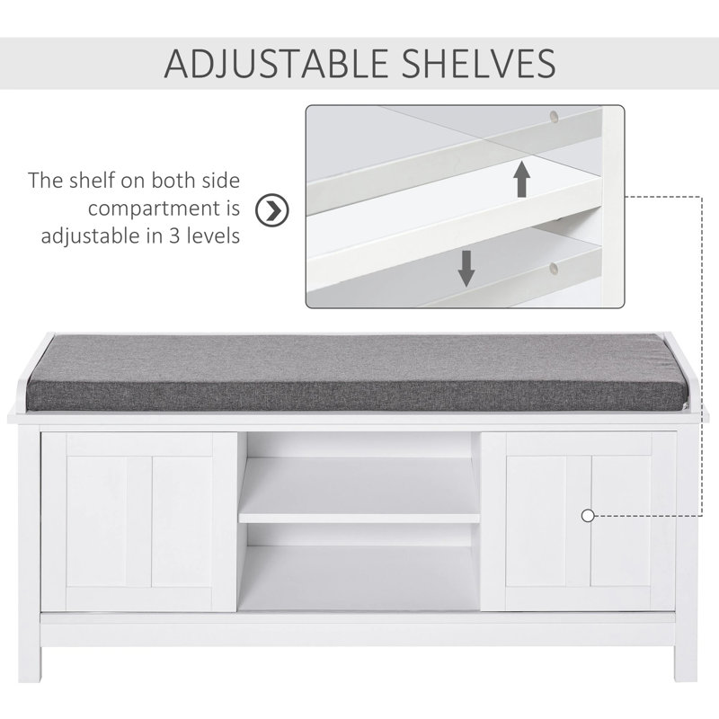 Entryway Shoe Bench, Storage Ottoman Bench With Adjustable Shelf, White