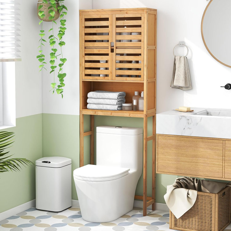Natural Bamboo Over-The-Toilet Storage Cabinet With Doors, Shelves, And Space-Saving Design