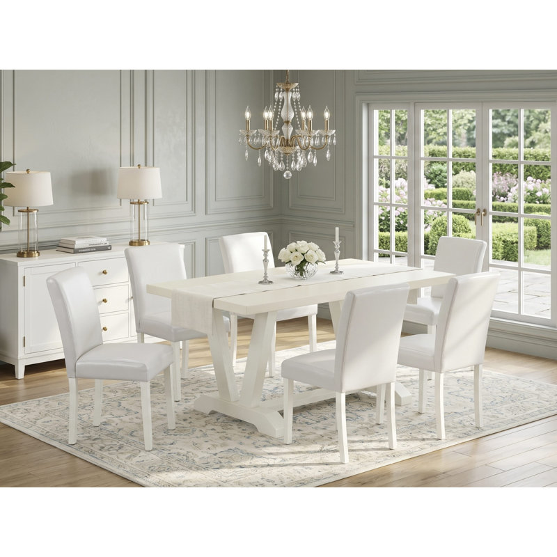 Ensemble de mobilier de salle à manger 7 pièces composé d'une table de salle à manger rectangulaire avec pieds en V et 6 chaises rembourrées en similicuir blanc, multicolore