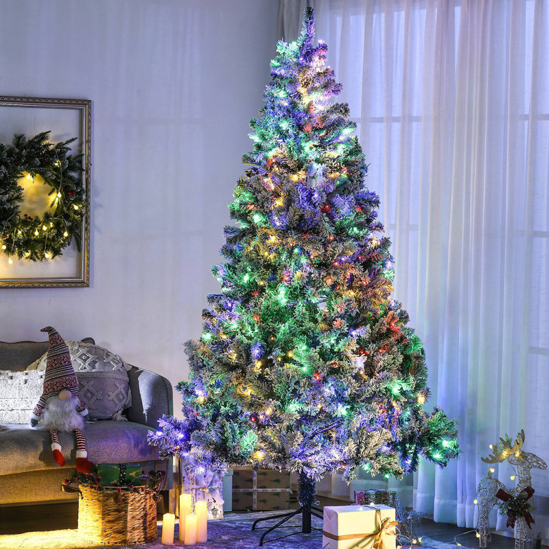 Arbre de Noël artificiel de 7,5 pi de hauteur avec 1149 branches floquées par la neige, 550 lumières DEL blanc chaud ou coloré, base en acier