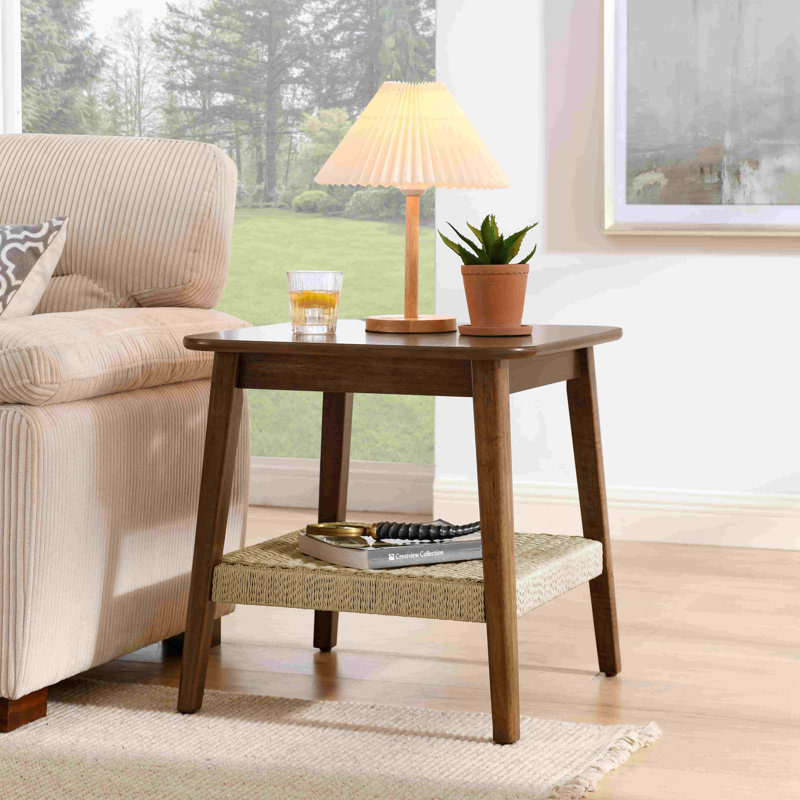 Table de bout en noyer avec tablette tissée Table de chevet H 23 po x P 23 po x l 23 po, Noyer foncé