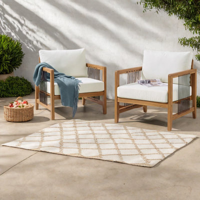 Ensemble de 2 chaises longues Modern Patio, corde en bois d'acacia, coussins beiges
