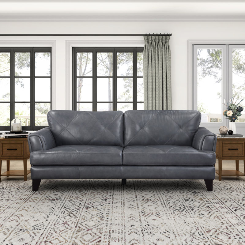 Canapé à accoudoirs carrés en cuir véritable 88 po Nico, Cuir véritable gris bruni, H 35,5 po x l 88 po x P 38 po