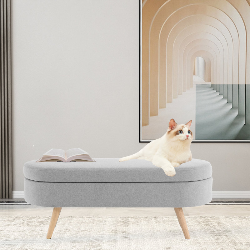 Haruhito Linen Upholstered Storage Bench, Gray/Light Brown