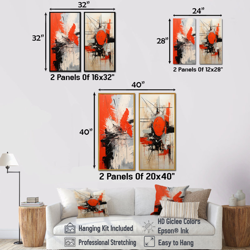 «Red and White Chaos Unleashed I - Abstract Collages», ensemble de 2 reproductions d'art mural, Cadre blanc