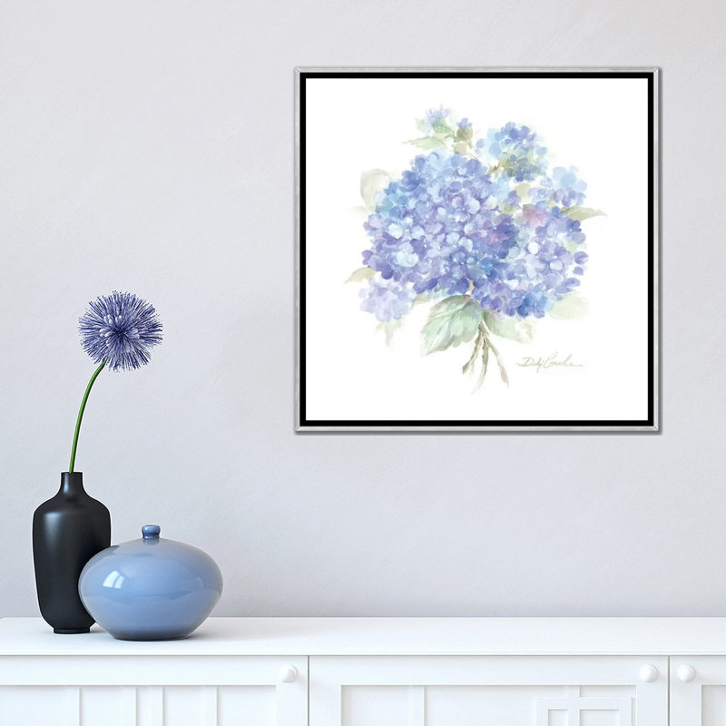 Reproduction d’art, "hydrangeas I" par Debi coules, H 18 po x l 18 po x 1,5 po, Pas de tapis, Encadrement argenté