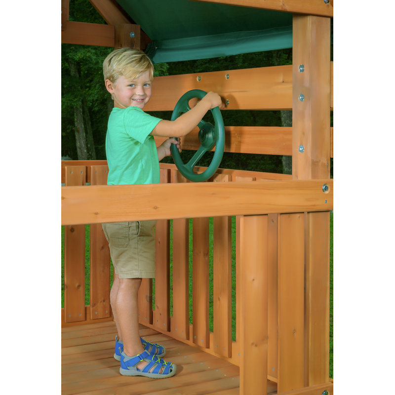 Mountain View Lodge Playset W/ Wooden Roof & Green Slide Swing Set, Green