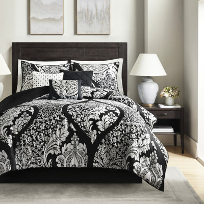 Édredon pour très grand lit 7 pièces - noir avec coussins décoratifs brodés