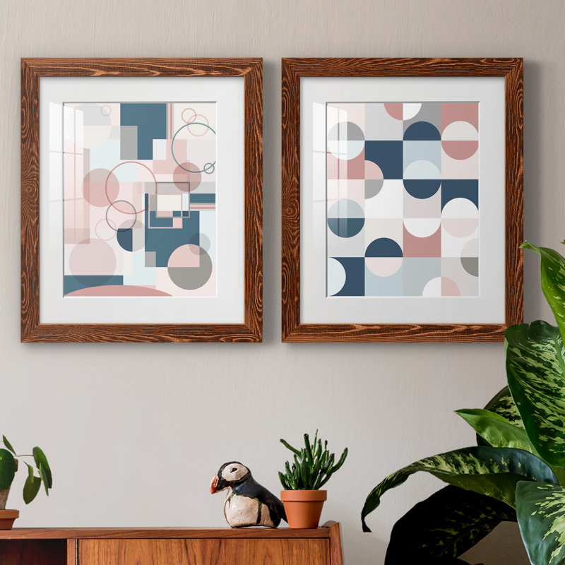 Modern Geo - ensemble de 2 peintures, H 20 po x l 34 po x P 1,5 po, Papier avec cadre érable