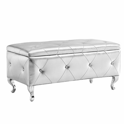 Exquisitely Designed Silver Faux Leather Storage Bench With Crystal Buttons For Living Room And Bathroom - Strong Metal Legs, Soft Velvet Touch Versatile Bedroom End Easy Assembly, Wide Applicability
