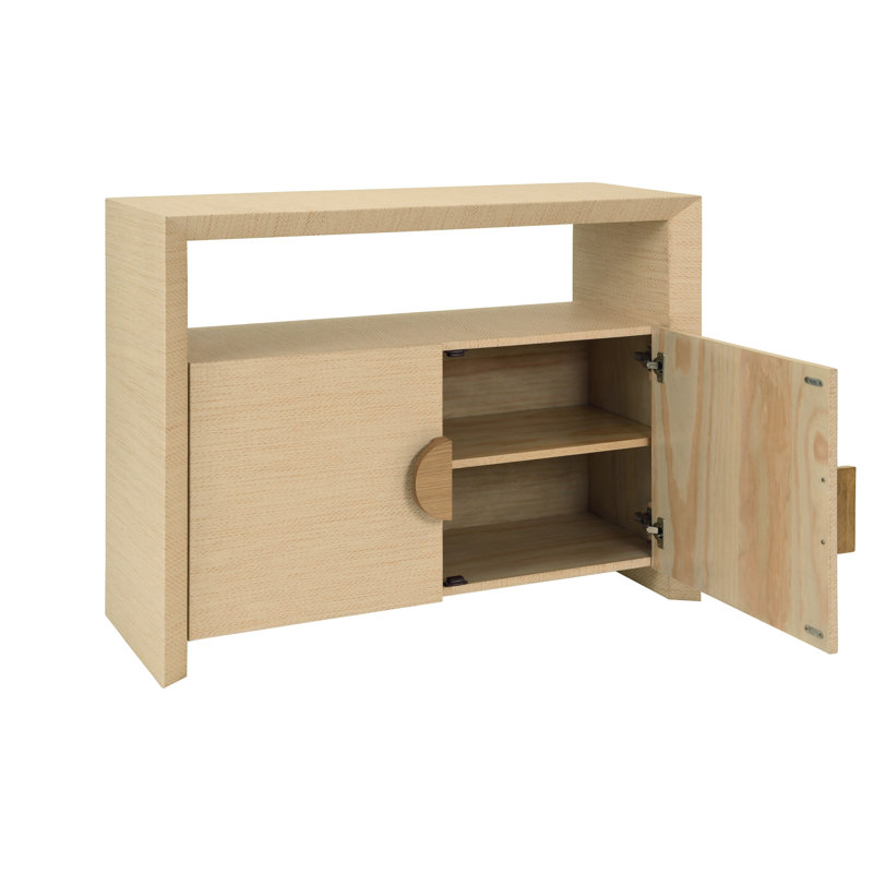 Two Door Console With Open Shelf In Natural Grasscloth With Cerused Oak Handles, Natural