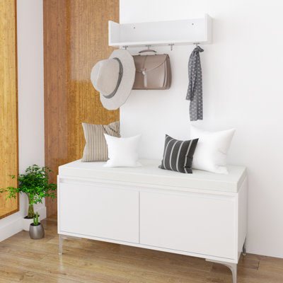 Wall - Mounted Storage Shelf With Hooks And Bench , Modern White Shoe Cabinet Thick Cushioned Seat. Helps Organize Entryway Stuff. Spacious Closed For Storing Bags Shoes. Secure Mount Anchor Holes In