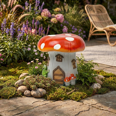 13.4" Red Mushroom Resin Stool - Multi-Purpose Garden Side Table & Plant Stand, Indoor/Outdoor
