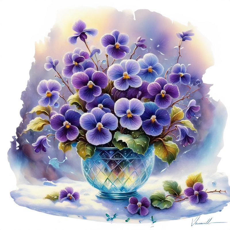 «Violet Pensies in Crystal Vase», art mural sur toile tendue, H 12 po x l 12 po x P 1 po