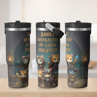 Gobelet 30 oz avec couvercle et poignée Gobelets isothermes en acier inoxydable Bouteille d'eau mignonne avec rabat (chat)