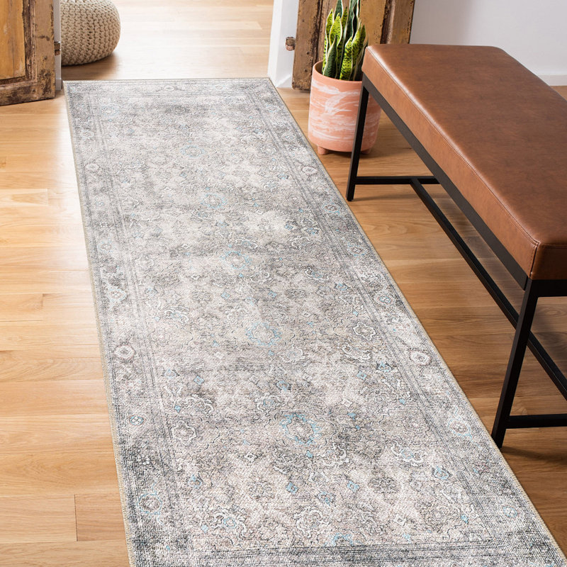 Tapis oriental rouge / beige lavable à la machine Kromer, Tapis de couloir 2 pi 6 po x 10 pi