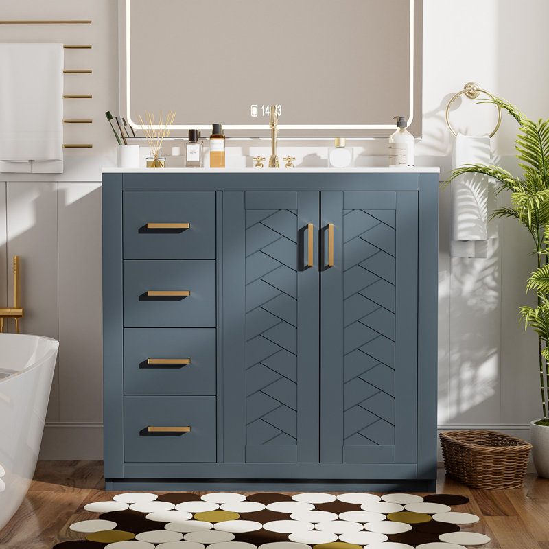 Ensemble de meuble-lavabo 36 po avec lavabo en céramique, armoire de rangement en bois massif, ensemble de meuble-lavabo autoportant avec 3 tiroirs et portes à fermeture douce