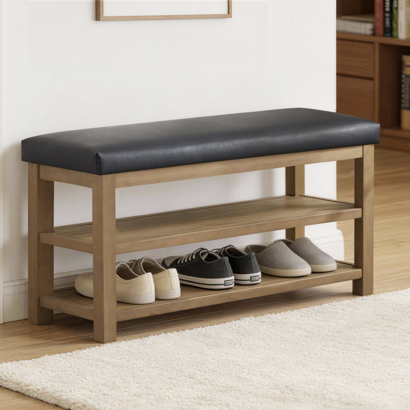 Hahnville Faux Leather Upholstered Storage Shoe Bench, Black, 54.1cm H x 117.1cm W x 35.1cm D