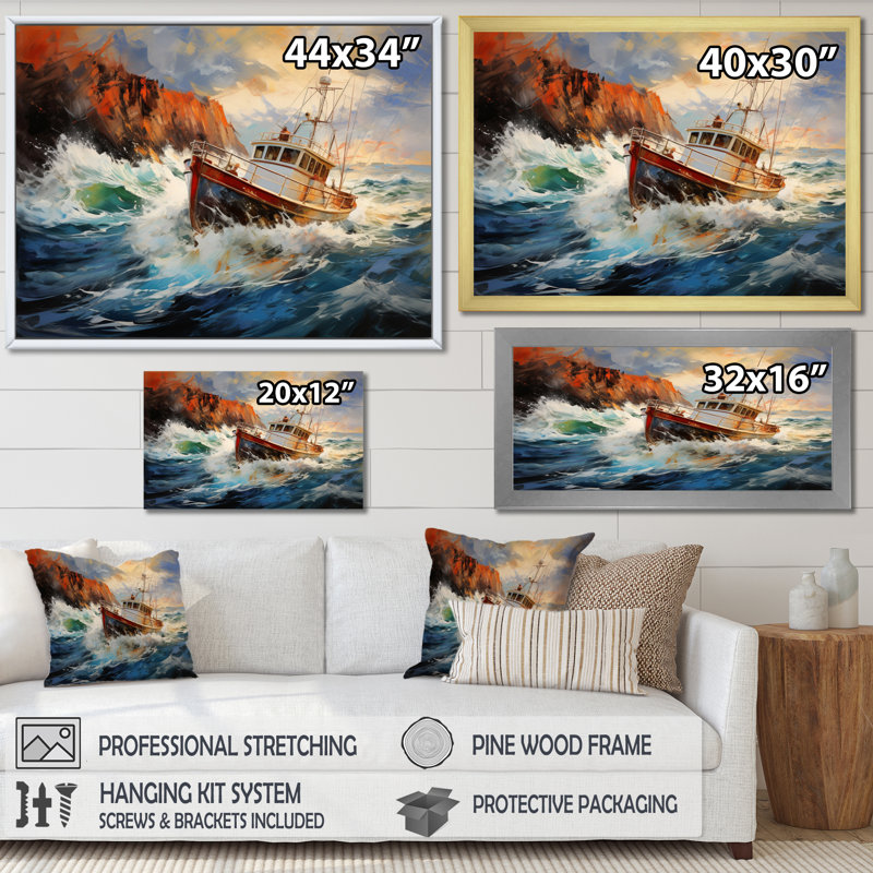 Tempête rêveuse de bateau de pêche - impression, Cadre simple noir, H 24 po x l 32 po x P 1 po