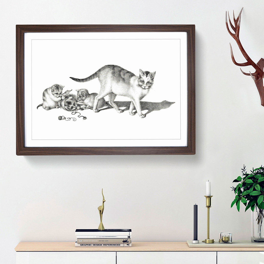 Cat with Playful Kittens by Gottfried Mind - Framed Print