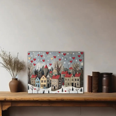 Cozy Winter Red Heart Village Canvas Print - Urban Studio