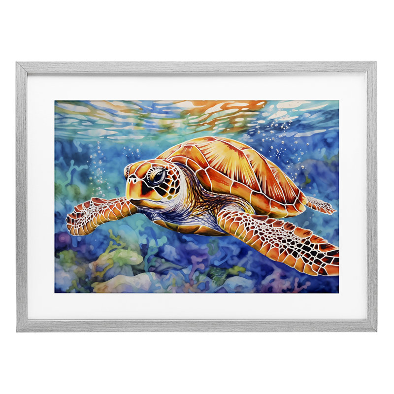 Tortue de mer sous la surface, reproduction encadrée sous verre, design par LSR Design Studio, H 14 po x l 20 po