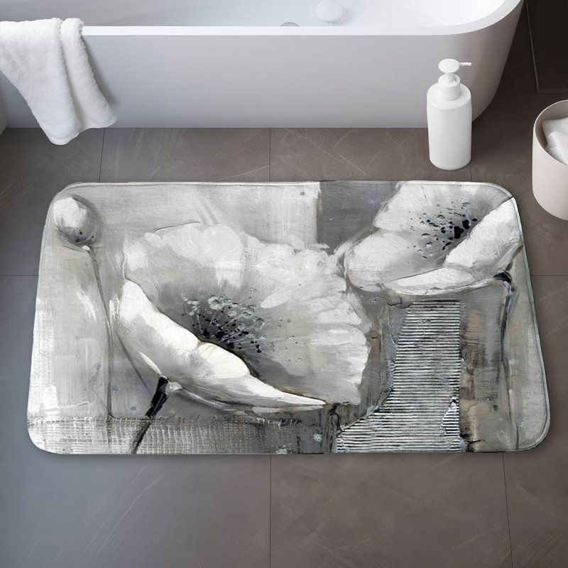 Industrial monochrome flowers Bath Mat with Non-Slip Backing - Quick Dry Memory Foam Bathroom Rug - Absorbent - Modern Plush Spa-Style - Machine Washable