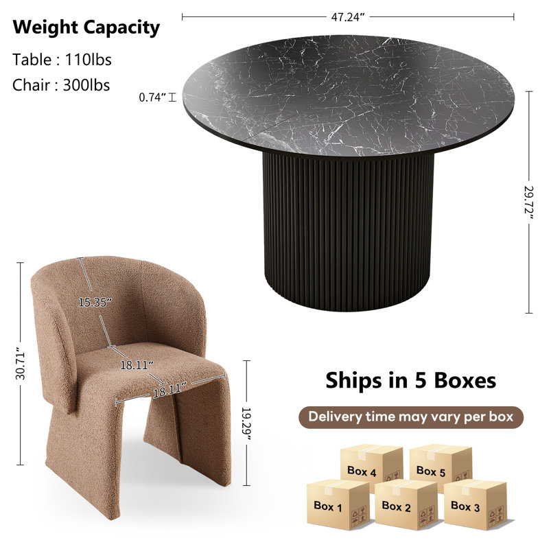 5-Piece Dining Table Set, Wood Top, Faux Fur Armchairs, Brown, Black Marble, Black
