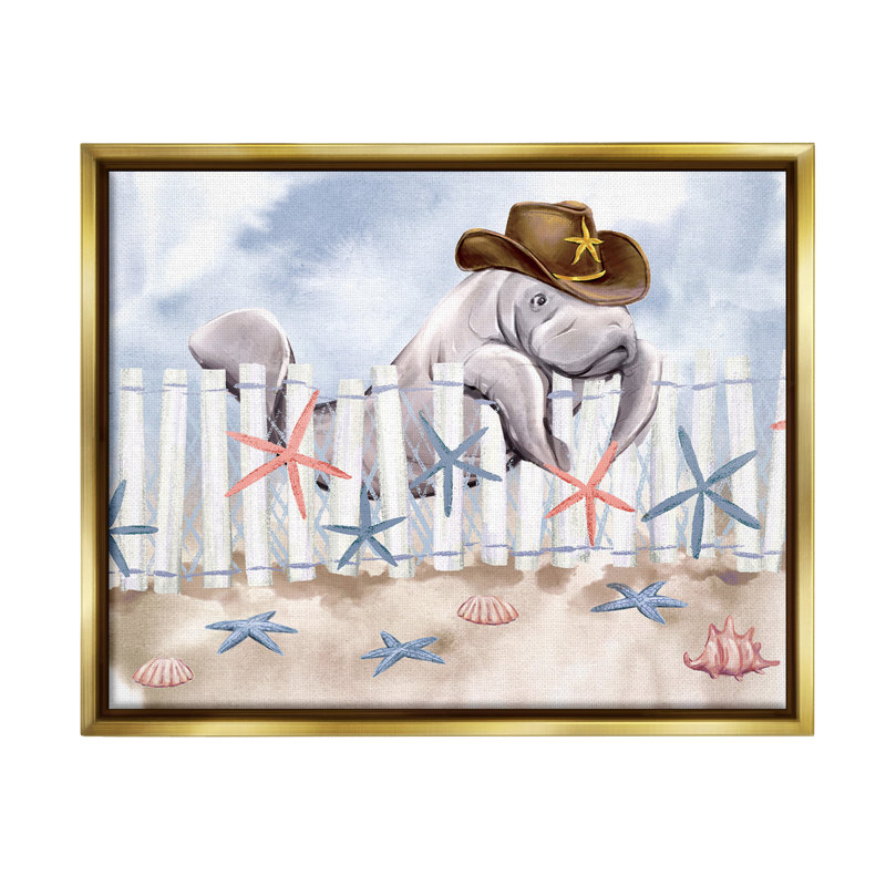 «Manatee In Cowboy Hat Floater Frame» par Ziwei Li sur toile, Cadre flottant métallique doré, H 17 po x l 21 po
