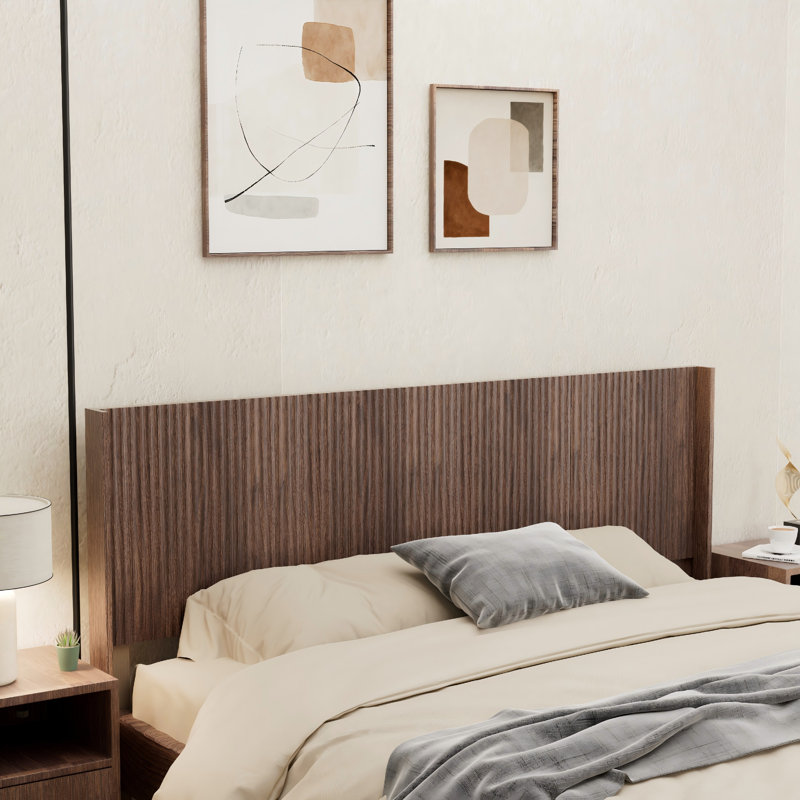 Modern Farmhouse Wood Headboard King Size 80.2 In Wide Wall Mounted Fluted Panel Wingback - Walnut, Walnut
