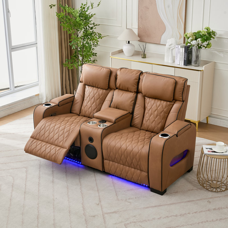 Canapé inclinable électrique 2 places avec éclairage DEL, porte-gobelets, console de rangement, surpiqûres en losange et accoudoirs rembourrés, revêtement en similicuir pour home cinéma.