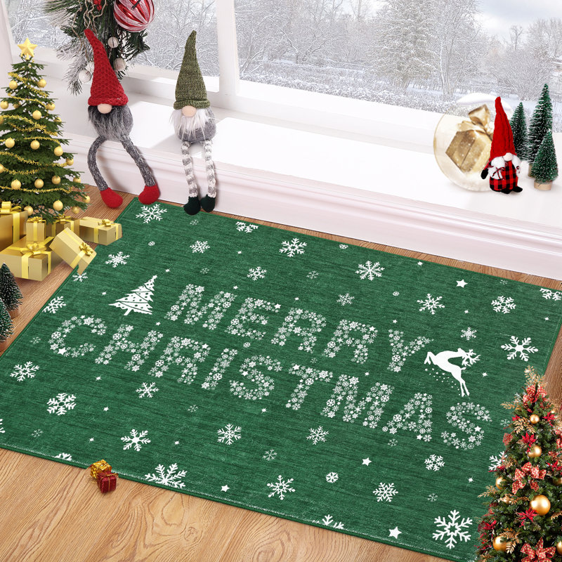 Christmas Snowflake Area Rug Green 2'x3' Rug Washable Non Slip for Entryway Merry Christmas Mats for Front Door Mat for Laundry Indoor